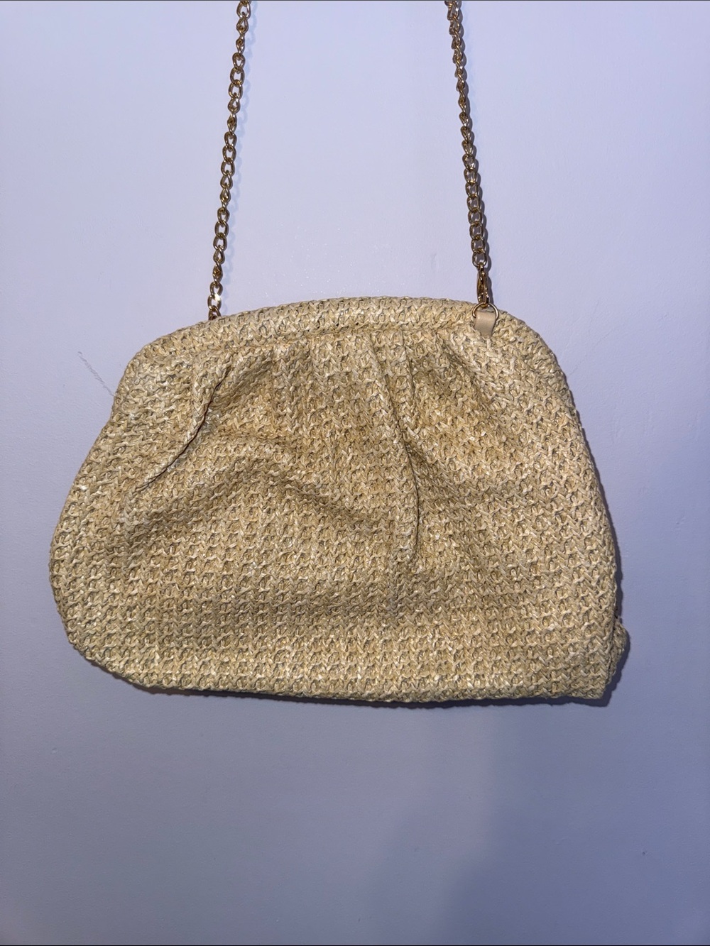 Aqua Straw-Weave Crossbody with Gold Chain